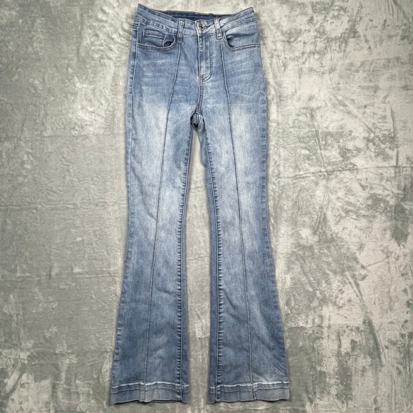 SHEIN Denim - SHEIN Flare Jeans Womens Size 2 XS Light Blue High Rise Front Seam Stretch Denim